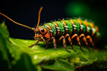 Macro shot of a caterpillar munching on a green leaf. - obrazy, fototapety, plakaty