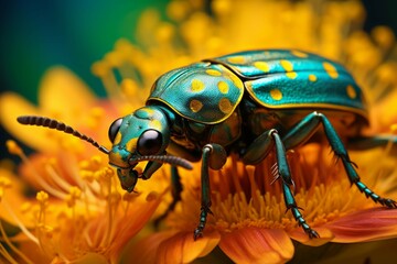 Close-up of a colorful beetle resting on a yellow flower. - obrazy, fototapety, plakaty
