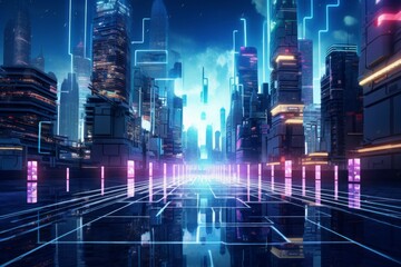 Fototapeta na wymiar Futuristic blockchain cityscape with neon lights and floating cryptocurrency symbols.