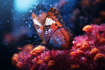 Fototapeta na wymiar Macro shot of a butterfly perched on a flower petal.