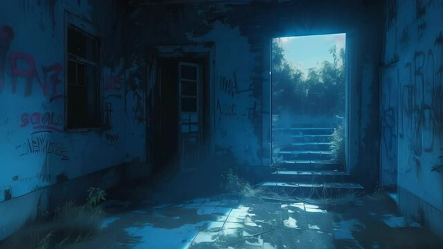 An old abandoned house its walls covered in graffiti and shadows looming in every corner representing the decaying facade of illusions.