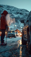 A man in a red winter coat refuels his car at a gas station, with snow-covered mountains and glowing city lights in the background. - obrazy, fototapety, plakaty