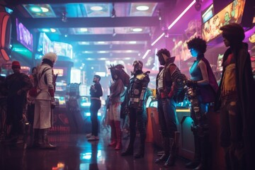 Cosplayers from different eras and genres in a retro-themed convention hall - obrazy, fototapety, plakaty