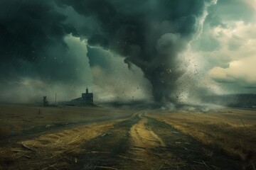 Fototapeta premium Tornado under a stormy sky focusing on the dramatic contrast and mood.