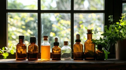 A row of antique amber bottles against a sunlit window, flanked by fresh green herbs, captures the traditional charm of an herbal apothecary.