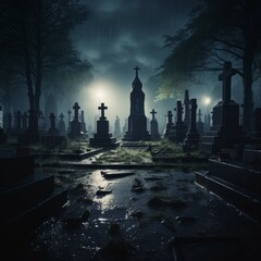 Gothic graveyard in the rain with glistening tombstones