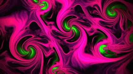 Foto op Aluminium Vivid neon pink and green swirls dance across a dark backdrop, creating a mesmerizing abstract landscape that evokes a sense of movement and energy. © Oksana Smyshliaeva