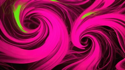Wandcirkels aluminium Vivid neon pink and green swirls dance across a dark backdrop, creating a mesmerizing abstract landscape that evokes a sense of movement and energy. © Oksana Smyshliaeva