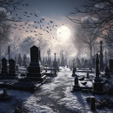 Gothic cemetery in winter with snow-covered tombstones