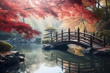 Misty October morning in a tranquil Japanese garden