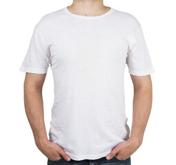 Man wearing a plain white t-shirt for mockup, isolated on a white background, concept of apparel design