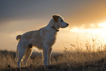 white dog standing in field in the style of golden ligh f6a3c4b9-5990-44fa-9a3e-4c813ffaf502