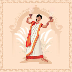 Indian God shri Druga in Happy Durga Puja Subh Navratri classical background. vector illustration design. Indian Culture, Folk, Cultural Dance. Varot Natyam Dhunuchi Dance Puja Festival