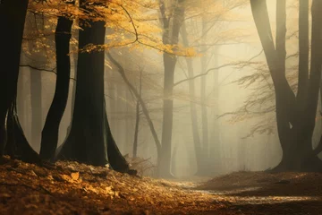 Fototapeten A foggy autumn forest with colorful leaves © Michael Böhm