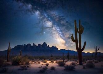 Magical night sky over a peaceful desert, with a blanket of stars, the glow of the Milky Way, and the silhouette of cacti against the deep blue of twilight, generative AI