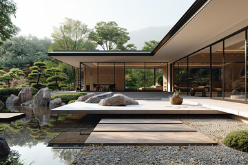 an architectural photograph exterior view of an minimalist villa, with very nice Japanese garden landscape, featured minimalist sliding door, medium shot