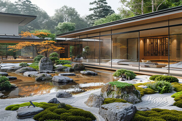 an architectural photograph exterior view of an minimalist villa, with very nice Japanese garden landscape, featured minimalist sliding door, medium shot