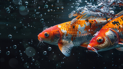 A bunch of ripe Japan fish, with water droplets, falling into a dark black water tank, creating a colorful contrast and intricate splash patterns, 30 cm. In underwater photography, natural sunlight 