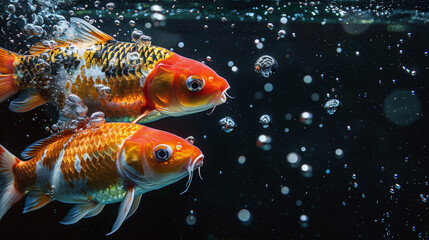 A bunch of ripe Japan fish, with water droplets, falling into a dark black water tank, creating a colorful contrast and intricate splash patterns, 30 cm. In underwater photography, natural sunlight 