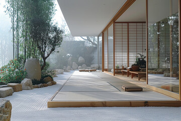 an architectural photograph exterior view of an minimalist villa, with very nice Japanese garden landscape, featured minimalist sliding door, medium shot