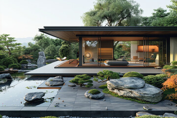 an architectural photograph exterior view of an minimalist villa, with very nice Japanese garden landscape, featured minimalist sliding door, medium shot