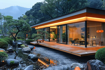 an architectural photograph exterior view of an minimalist villa, with very nice Japanese garden landscape, featured minimalist sliding door, medium shot