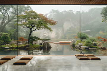 an architectural photograph exterior view of an minimalist villa, with very nice Japanese garden landscape, featured minimalist sliding door, medium shot