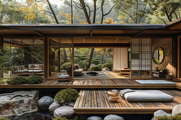 an architectural photograph exterior view of an minimalist villa, with very nice Japanese garden landscape, featured minimalist sliding door, medium shot