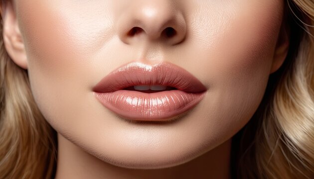 Close-up woman lower face, showcasing clear complexion against a blue background. Image captures detail of skin texture, lips, used for skin care promotion.