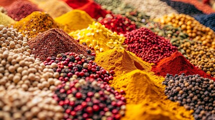 colorful mix of herb and spice varieties: curry, coriander, turmeric, cumin, paprika, pepper, mustard, salt, cardamon, oregano, saffron, cinnamon; food ingridients 