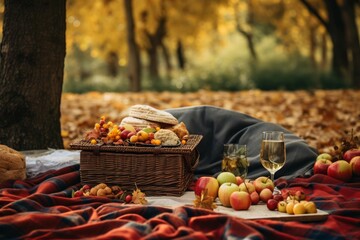 Autumn picnic in the park with seasonal fruits and baked goods
