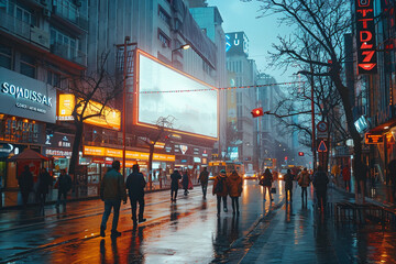 a street corner of a modern city with a small billboard screen, daylight, normal amount of people passing by