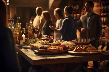 Friends having a wine tasting party in a rustic winery - obrazy, fototapety, plakaty