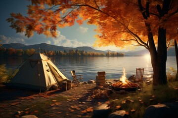 Scenic lakeside campsite in autumn - obrazy, fototapety, plakaty