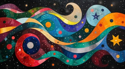 Vibrant abstract painting with wavy lines and dots. A captivating array of wavy lines and dots in various sizes and colors create a dynamic and vibrant abstract artwork with a cosmic feel