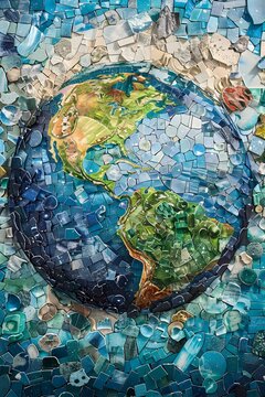 Vibrant Watercolor Mosaic Globe Highlighting Renewable Energy and Recycling Advocacy