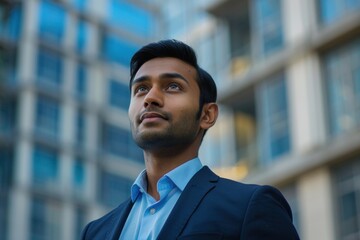 A Confident rich eastern indian business man executive standing in modern big city looking and dreaming of future business success thinking of new goals business vision and leadership concept