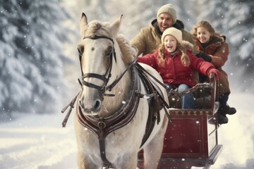 Family sleigh ride in a winter wonderland - obrazy, fototapety, plakaty