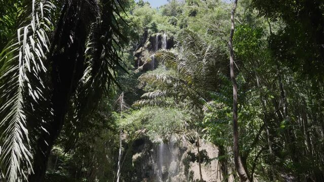 Close up view through the dense rainforest of the Tumalog waterfall in Cebu, Philippines.