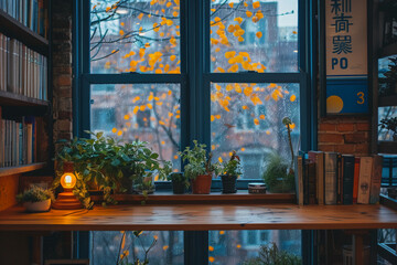 A photo of an old wooden desk in front of a large window, a cozy interior with plants and books, a Chinese painting on the wall, a rainy day outside, cinematic lighting, golden hour