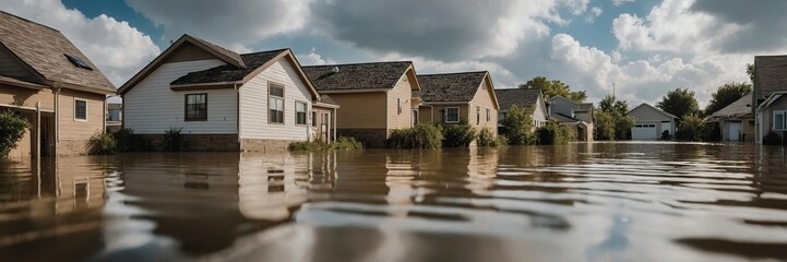 Homes and buildings flooded with water after a flood - obrazy, fototapety, plakaty