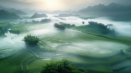 It's a beautiful spring morning, the mature paddy fields are covered in white fog. Aerial high view. Generative AI.