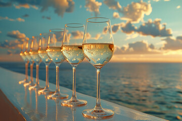 a photo of a row of glasses of chardonnay that disappears over the horizon
