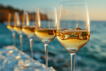 a photo of a row of glasses of chardonnay that disappears over the horizon