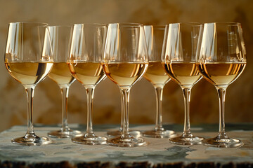 a photo of a row of glasses of chardonnay that disappears over the horizon