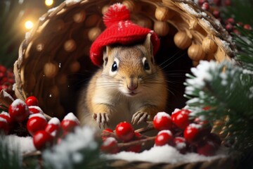 Curious chipmunk peeking out of a Santa hat on a snowy tree stump