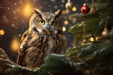 Wise owl perched on a branch of a Christmas tree