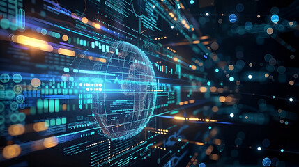 a digital globe surrounded by glowing binary code The background is dark