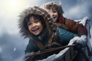 Kids sitting on a sled ready for a thrilling ride - obrazy, fototapety, plakaty