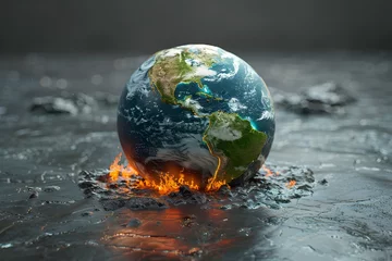 Fotobehang 3D Rendering of a Burning Globe Symbolizing the Dramatic Effects of Climate Change © vanilnilnilla